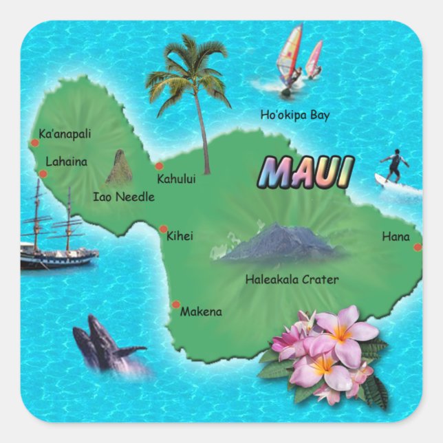 Cuadrada Maui Map Pegatina (Anverso)