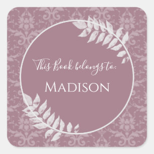 Cuadrada Mauve Elegant Damask Book Pegatina