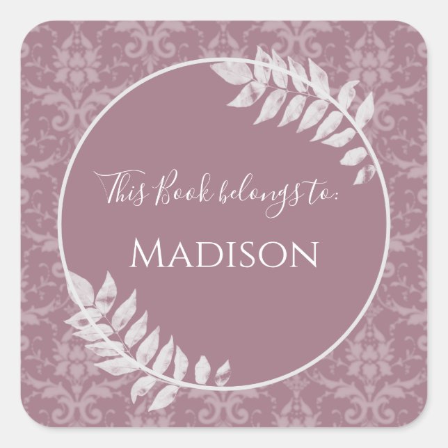 Cuadrada Mauve Elegant Damask Book Pegatina (Anverso)