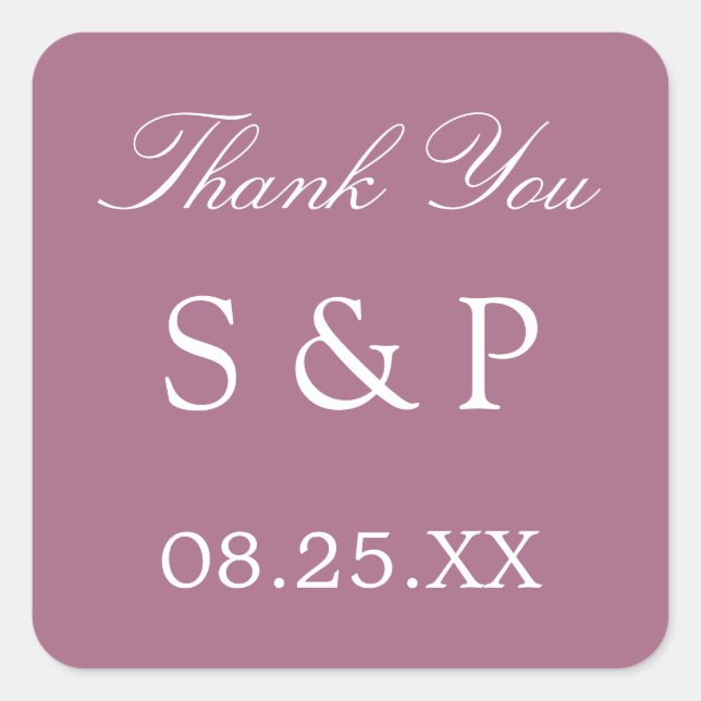 Cuadrada Mauve Wedding Favor Gracias Pegatina (Anverso)