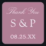 Cuadrada Mauve Wedding Favor Gracias Pegatina<br><div class="desc">Favor de la boda malva Gracias Pegatina,  por favor personalizar con las iniciales de la pareja y la fecha del boda,  usando la plantilla de personalización en línea antes de hacer el pedido.</div>