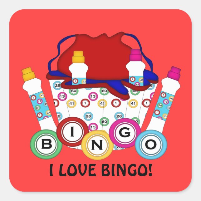 Cuadrada Me encanta el pegatina del juego de bingo (Anverso)