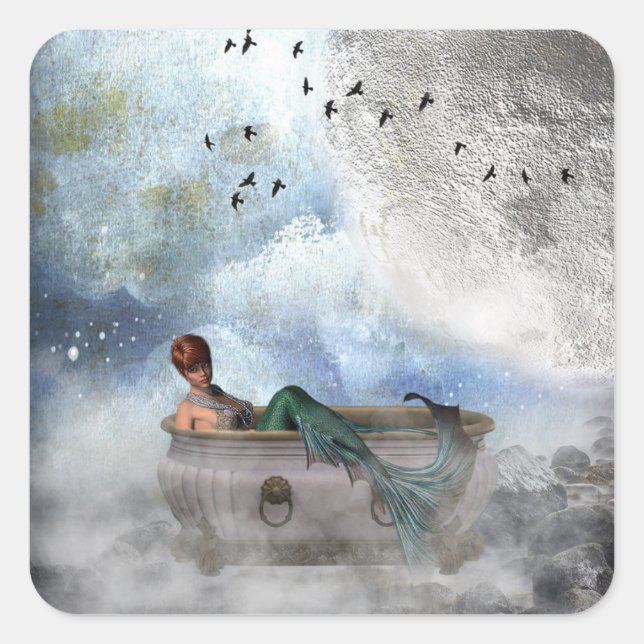 Cuadrada Mermaid Fantasy World Pegatina (Anverso)