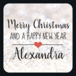 Cuadrada Merry Christmas purpurina nombre pegatina<br><div class="desc">Elegante "Feliz Navidad y un feliz Año Nuevo" con forma de palo con un tipo de letra negra en un fondo purpurina plateado adornado con un lindo corazón rojo. Texto personalizado.</div>