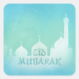 Cuadrada Mezquita de acuarela azul Eid Mubarak - Pegatina