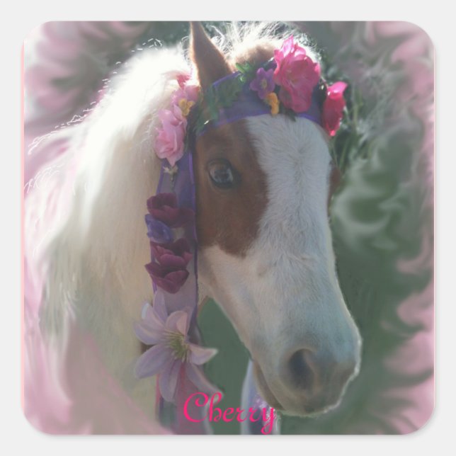 Cuadrada Mi pequeño caballo cereza con flores pegatina cuad (Anverso)