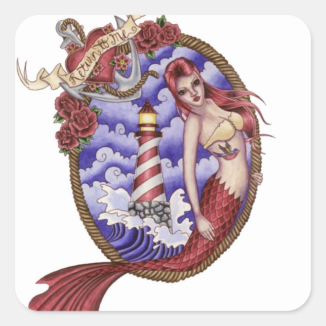 Cuadrada Mina - Pegatina de la sirena del tatuaje (Anverso)