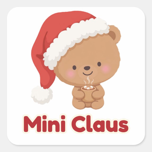Cuadrada Mini Claus Oso Cachorro Cacao Pegatina (Anverso)