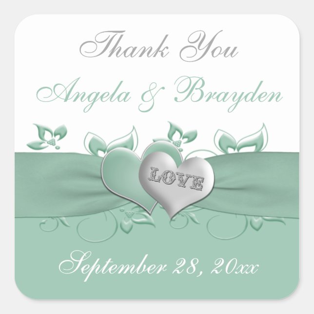 Cuadrada Mint, White Floral Hearts Wedding Favor Pegatina (Anverso)