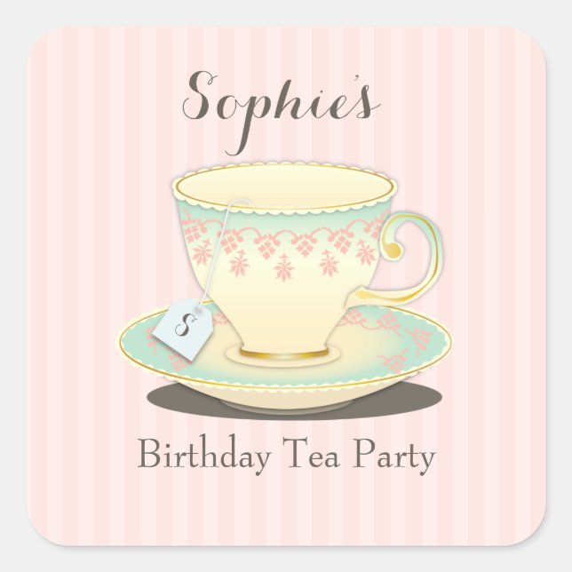 Cuadrada Moda dulce Cumpleaños Teacup Tea Fiesta Pegatina (Anverso)