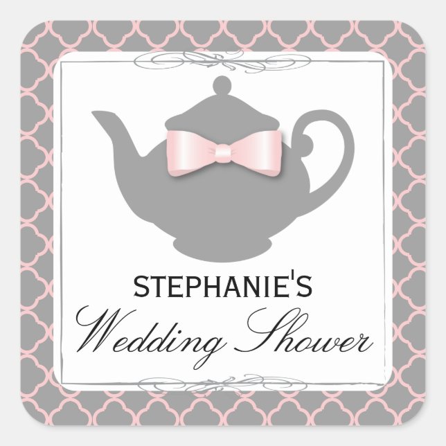 Cuadrada Moda Teapot Rosa + Gray Bridal Shower Tea Pegatina (Anverso)