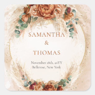 Cuadrada Moderna Terracotta flores burgundy pampas Pegatina