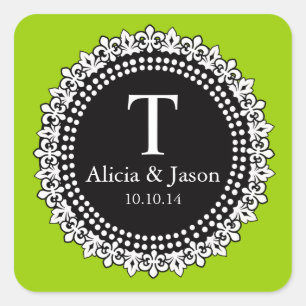 Cuadrada Monograma Fleur de Lis Wedding Favor Pegatina Verd