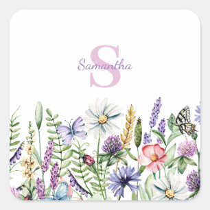 Cuadrada Monograma Floral Flor silvestre Pegatina de nombre