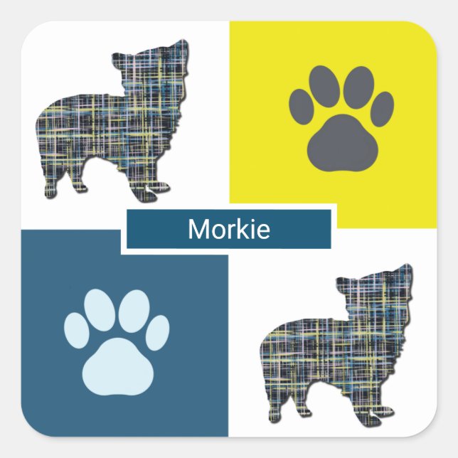 Cuadrada Morkie Dog & Paw Y&B Grid Square Pegatina (Anverso)