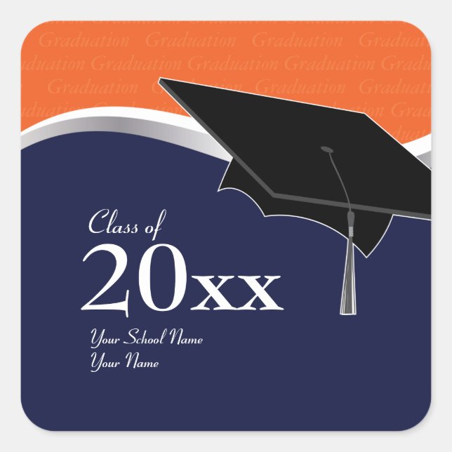 Cuadrada Naranja de personalizable y Pegatina de Graduación (Anverso)