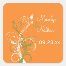 Cuadrada Naranja Floral blanca verde 1,5" Boda Pegatina