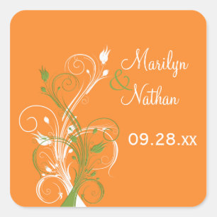 Cuadrada Naranja Floral blanca verde 1,5" Boda Pegatina
