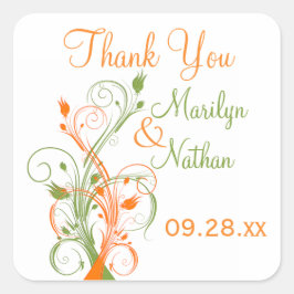 Cuadrada Naranja Floral blanca verde 1,5" Boda Pegatina