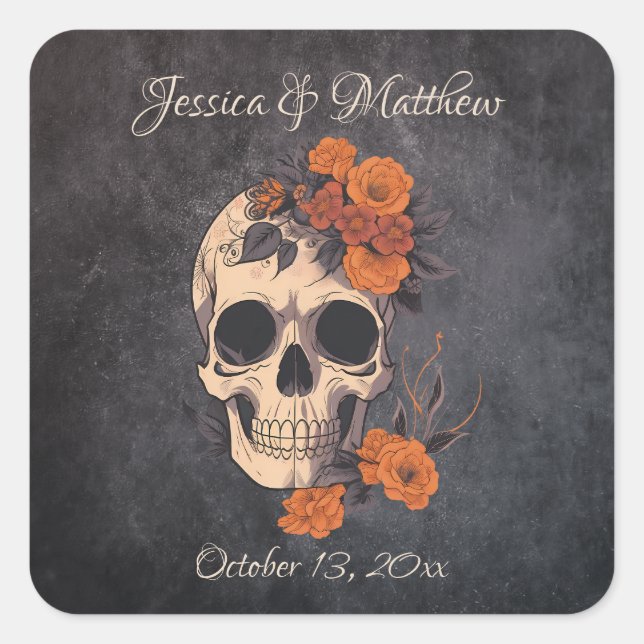 Cuadrada Naranja Flores Pegatina elegante de bodas (Anverso)