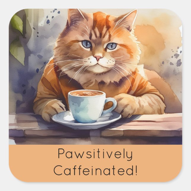 Cuadrada Naranja Pegatina cuadrado Café para beber gato (Anverso)