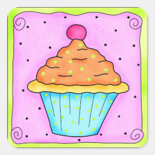 Cuadrada Naranja rosa Cherry Cupcake Pegatina