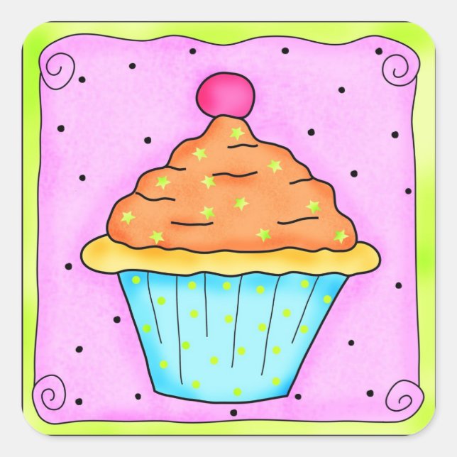Cuadrada Naranja rosa Cherry Cupcake Pegatina (Anverso)