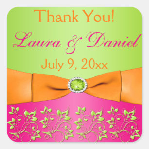 Cuadrada Naranja Rosa Lime Floral Wedding Pegatina 2