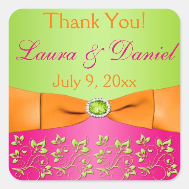 Cuadrada Naranja Rosa Lime Floral Wedding Pegatina 2 (Anverso)