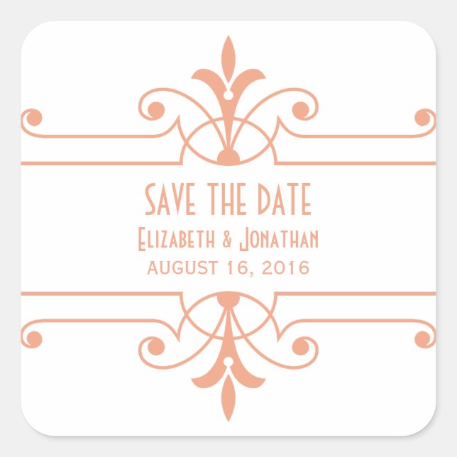 Cuadrada Naranja v2 Fancy Ornamental Save the Date Pegatina (Anverso)