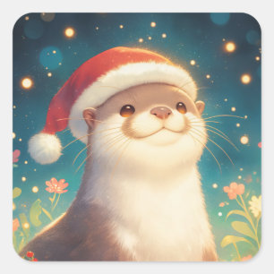 Cuadrada Navidades cortos Otter Pegatina con Santa Hat