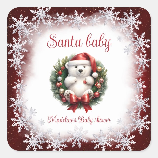 Cuadrada Navidades de Bear Santa Pegatina de Baby Shower (Anverso)