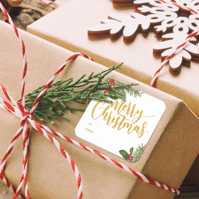 Cuadrada Navidades de invierno Berries | Pegatina de etique (Festive Winter Christmas Berries Gift Sticker with TO and From)