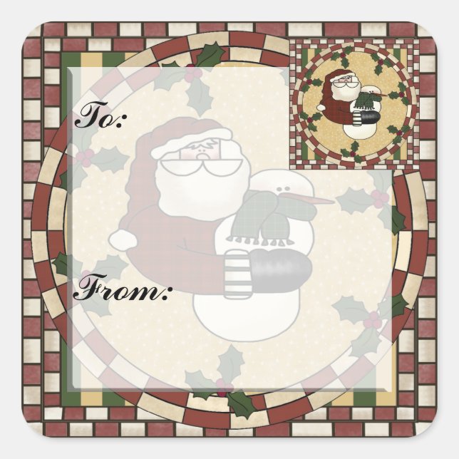 Cuadrada Navidades de Santa y Snowmen dan Pegatina de etiqu (Anverso)
