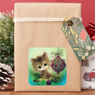Cuadrada Navidades festivos retro gatito pegatina de vacaci