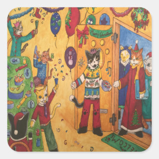 Cuadrada Navidades Fiesta Gatos Pegatina rectangular