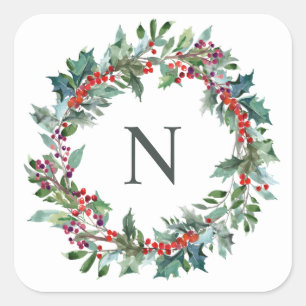 Cuadrada Navidades Holly Monograma Pegatina inicial