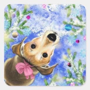 Cuadrada Navidades Mascota Pegatina Regalo Cachorro Con Cin