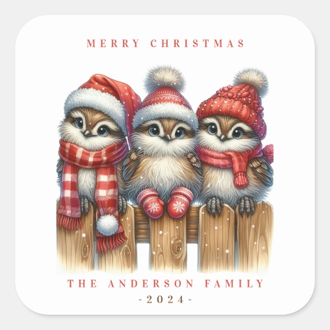 Cuadrada Navidades Owls Pegatina (Anverso)