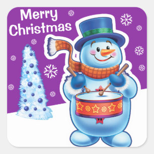 Cuadrada Navidades pegatina cuadrado púrpura Snowman bateri
