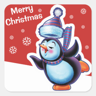 Cuadrada Navidades pegatina cuadrado rojo patinando pingüin