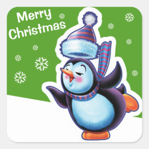 Cuadrada Navidades pegatina cuadrado verde patinando pingüi