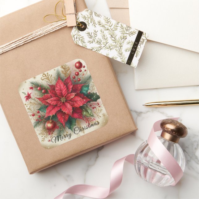 Cuadrada Navidades Pegatina de flores de la poinsettia roja (Regalar)