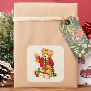 Cuadrada Navidades pegatina Oso