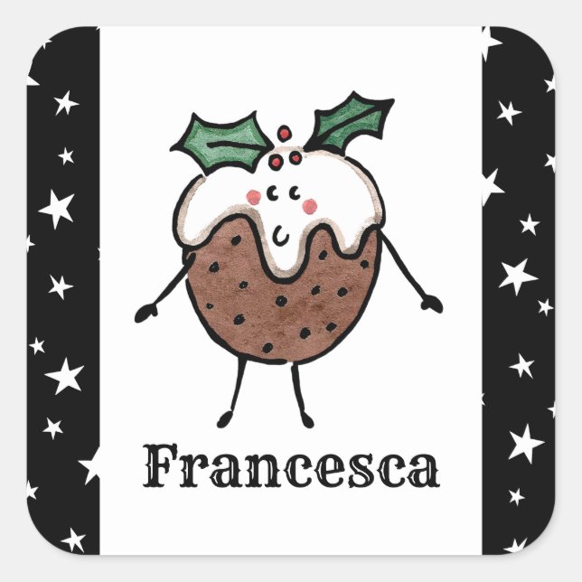 Cuadrada Navidades personalizados pudding Square Pegatina (Anverso)