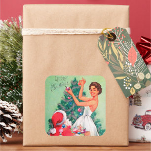 Cuadrada Navidades retro de época Santa Lady pegatina