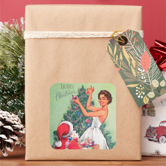 Cuadrada Navidades retro de época Santa Lady pegatina (Vacaciones)