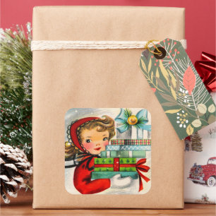 Cuadrada Navidades retro vintage pegatina chica de compras