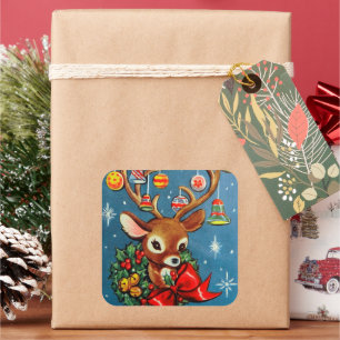 Cuadrada Navidades retro vintage reno pegatina de vacacione