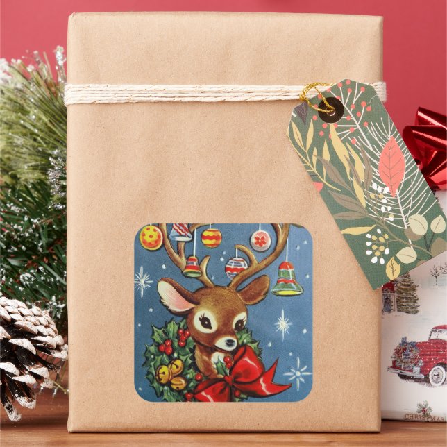 Cuadrada Navidades retro vintage reno pegatina de vacacione (Vacaciones)